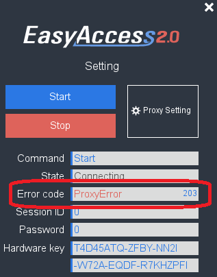 Capture d'écran de l'erreur EasyAccess