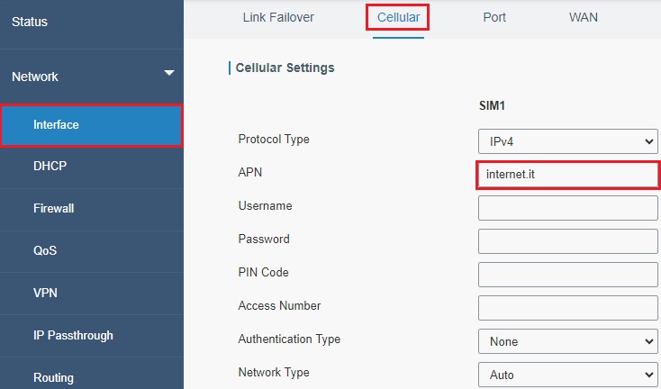 Screenshot impostazione cellulare router Milesight UR32L