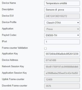 Screenshot definizione sensore su gateway Milesight