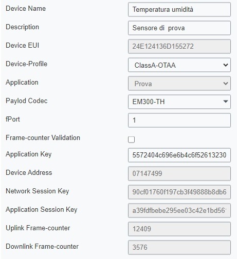 Captura de pantalla de definición del sensor en la puerta de enlace de Milesight