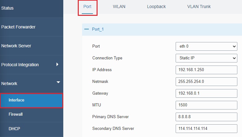 Screenshot der Netzwerkschnittstelleneinstellung auf Milesight UG56