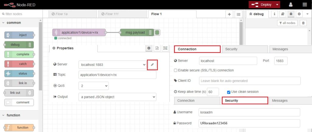 Captura de pantalla del editor Node-RED en Milesight UG56