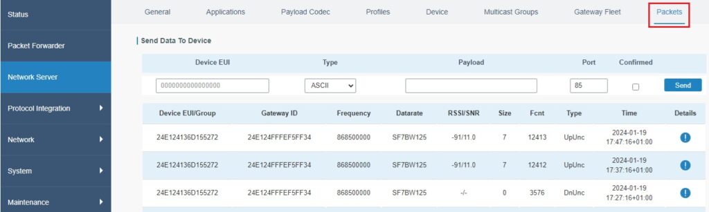 Screenshot-Anzeigepakete auf Milesight UG56