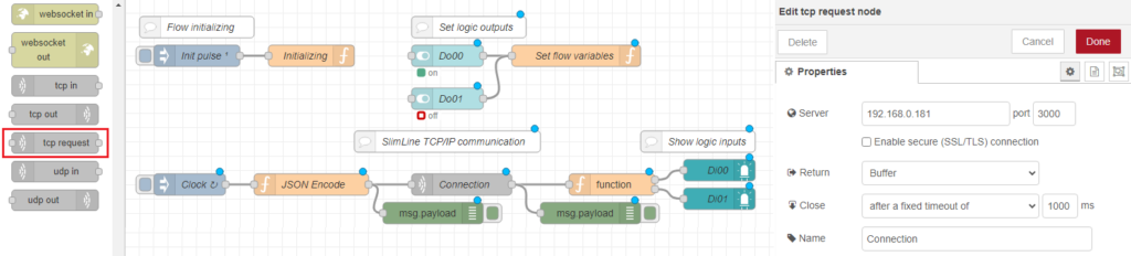 Node-RED Flow connessione TCP/IP con SlimLine
