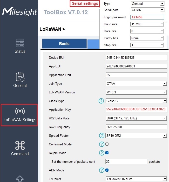 Captura de pantalla de configuración de Milesight UC300