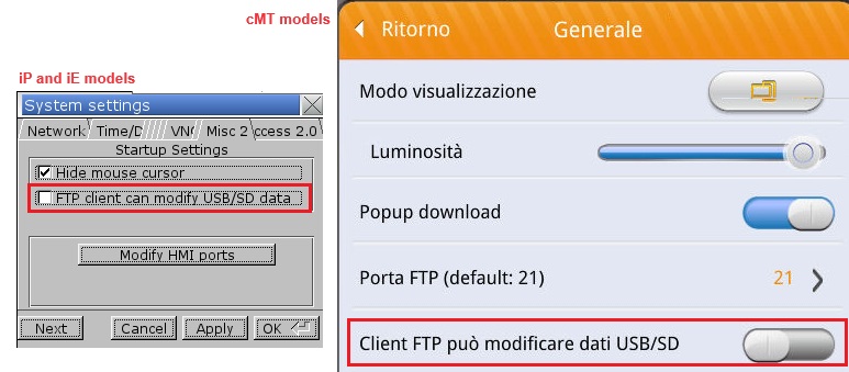 Screenshot abilitazione accesso USB/SD su pannelli Weintek