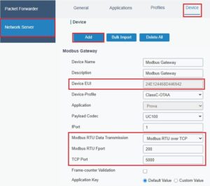 Screenshot configurazione Milesight UC100 su gateway