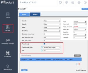 Screenshot configurazione Milesight UC100 su Toolbox