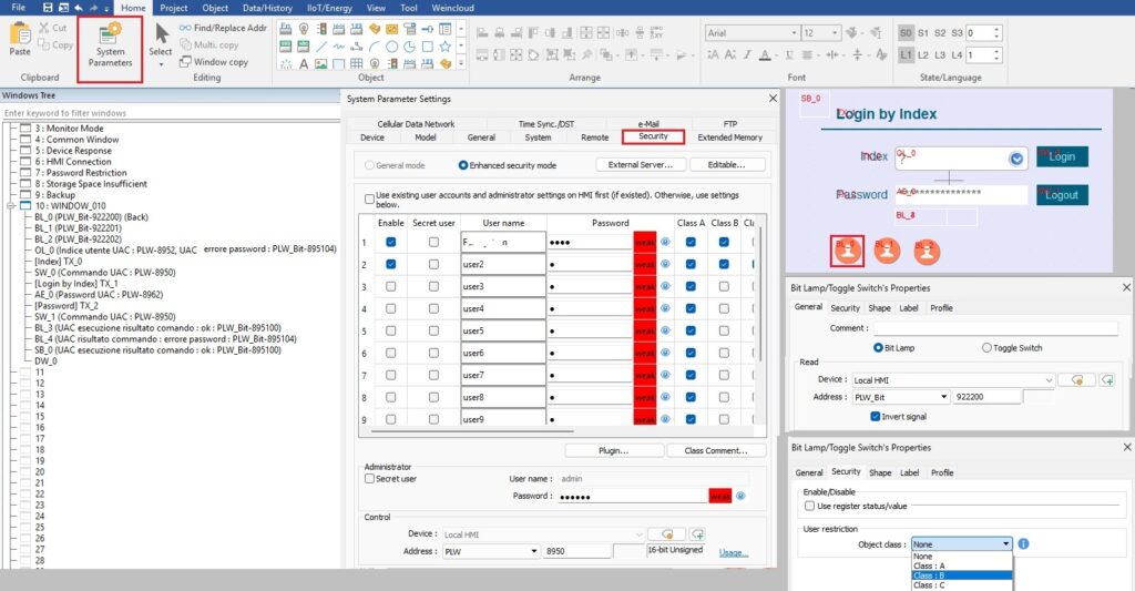 Weintek, Screenshot gestione login con visualizzazione classe
