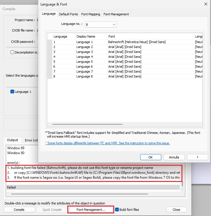 Weintek screenshot impostazione fonts