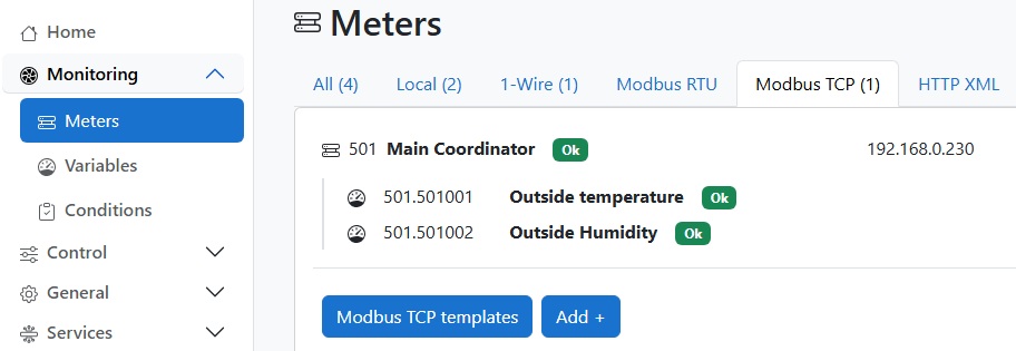 Modbus sensors screenshot