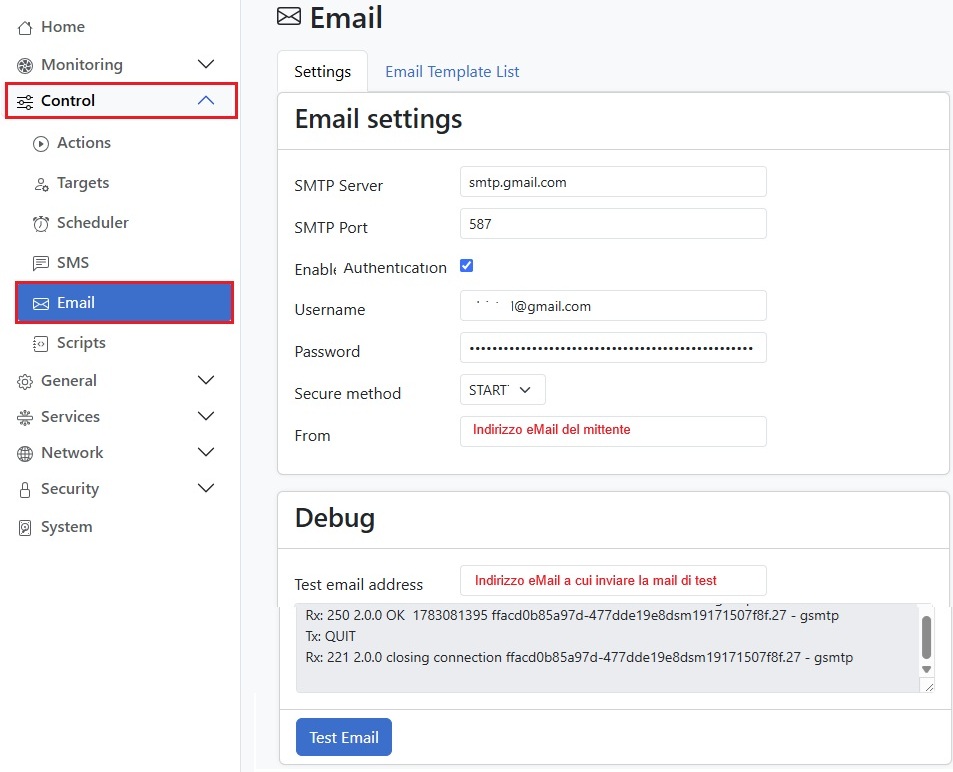 Perseus, Screenshot impostazione server eMail